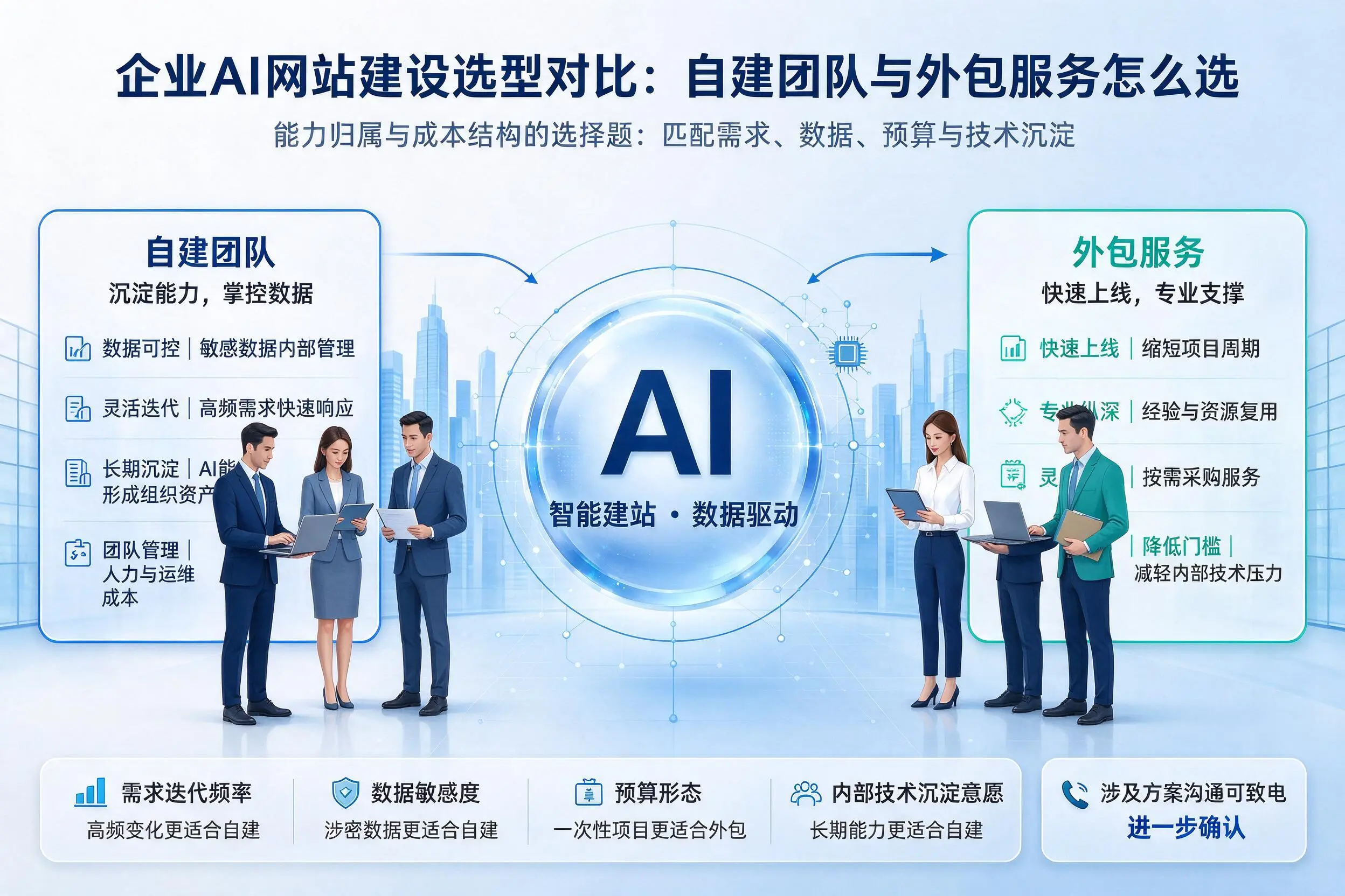 定安企业AI网站建设选型对比：自建团队与外包服务怎么选